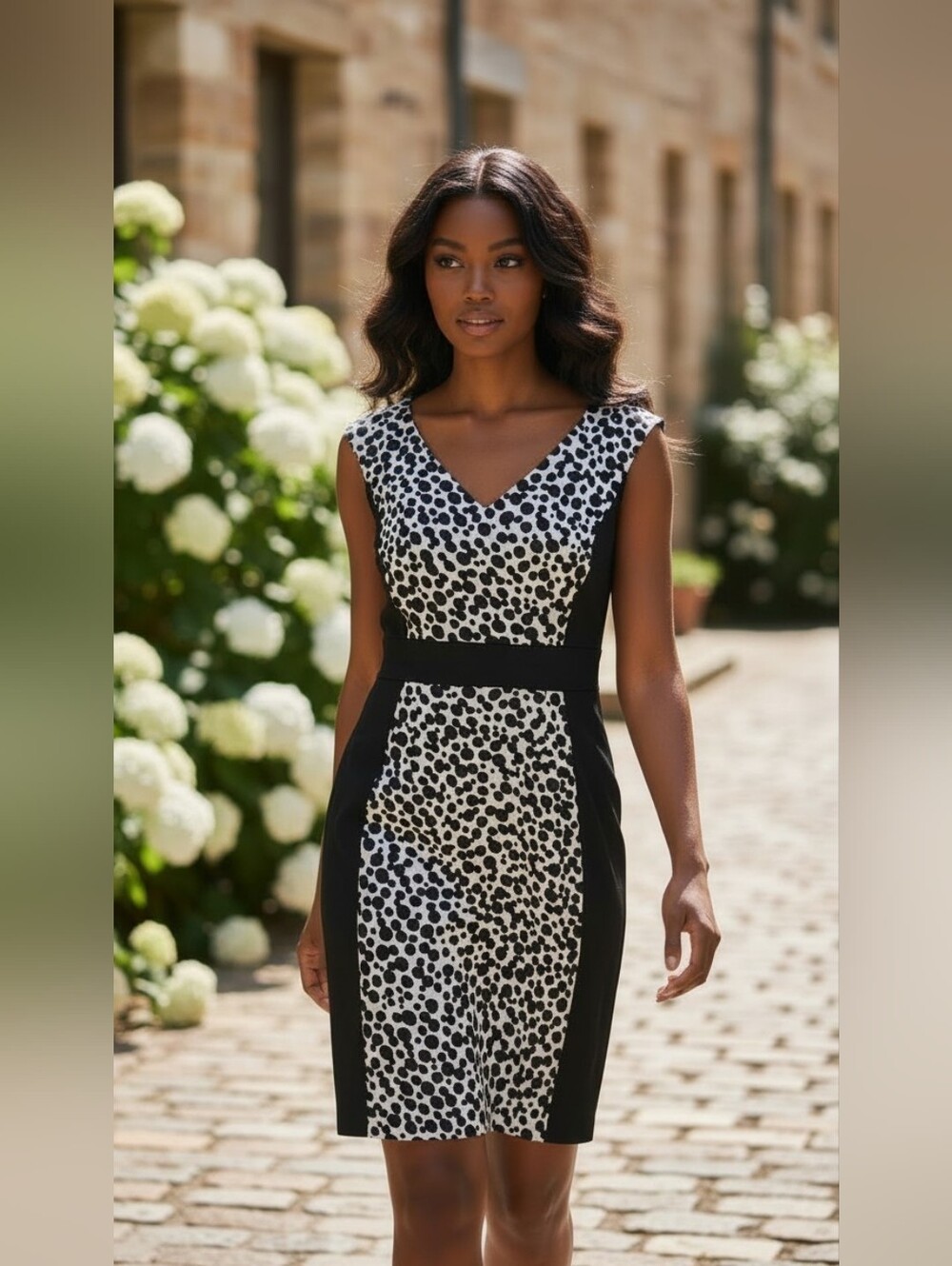 London Times Black White Polka Dot V-Neck Sleeveless Midi Dress Black Waist